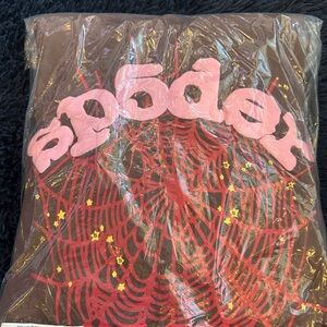 Sp5der, Brown Hoodie with Pink Spider Web Design